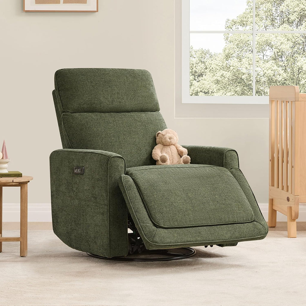 CHITA Power Recliner Chair Swivel Glider with Adjustable Power Headrest, FSC Certified Electronic Modern Nursery Rocking Chair with USB and Type-C Ports, Forest Green