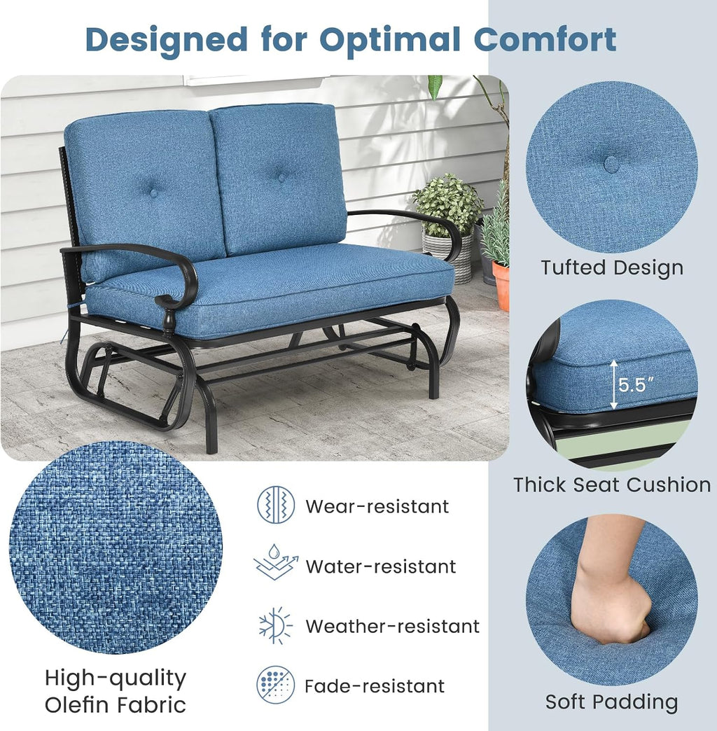 Tangkula Outdoor Swing Glider Chair, Patio Glider Bench for 2 Persons, Outdoor Rocking Loveseat with Steel Frame & Comfortable Cushions for Garden, Porch, Balcony, Poolside (Blue)