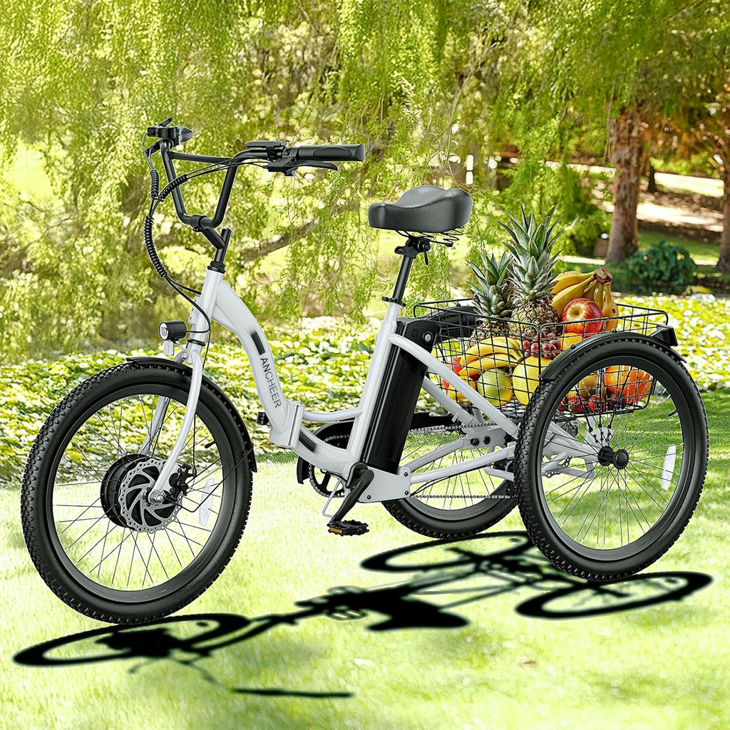 ANCHEER Electric Tricycle for Adults, 350W(Peak 550W) Etrike, 48V/499Wh Ebike, 24' Folding 3 Wheel Electric Trike, 15.5MPH & 55Miles Electric Bike, Rear Differential, Rear Basket