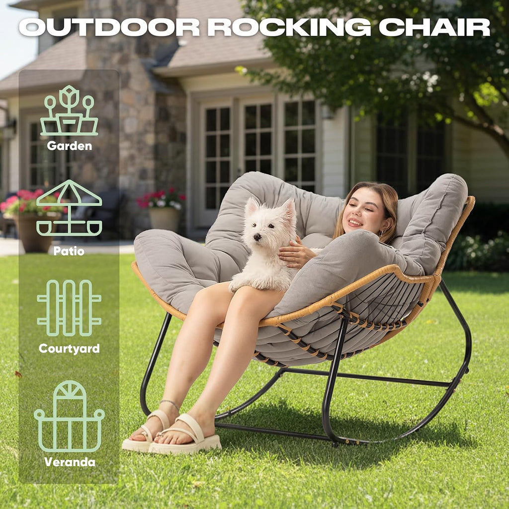 Papasan Chair with Cushion, Oversized Outdoor Rocking Chair, Patio Egg Chair Outdoor, Wicker Modern Cozy Comfy Chair for Bedroom, Living Room, Garden, Balcony, Lawn, Light Grey