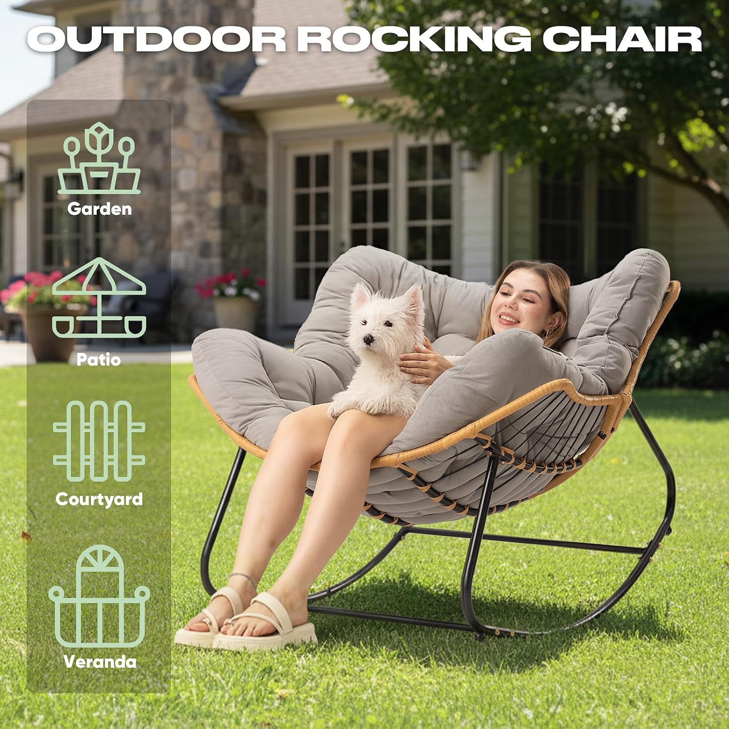Papasan Chair with Cushion, Oversized Outdoor Rocking Chair, Patio Egg Chair Outdoor, Wicker Modern Cozy Comfy Chair for Bedroom, Living Room, Garden, Balcony, Lawn, Light Grey