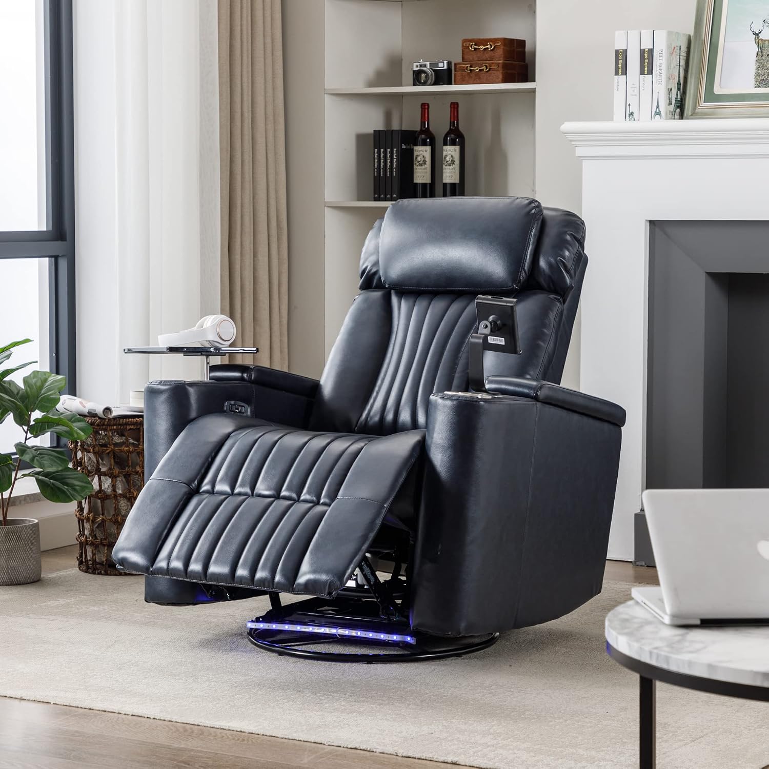 Recliner Chair, 270° Power Swivel Recliner Chair with 360° Swivel Tray Table and Cell Phone Holder, Cup Holder, Home Theater Seating with Hidden Arm Storage, Soft Living Room Chair (Blue/27)