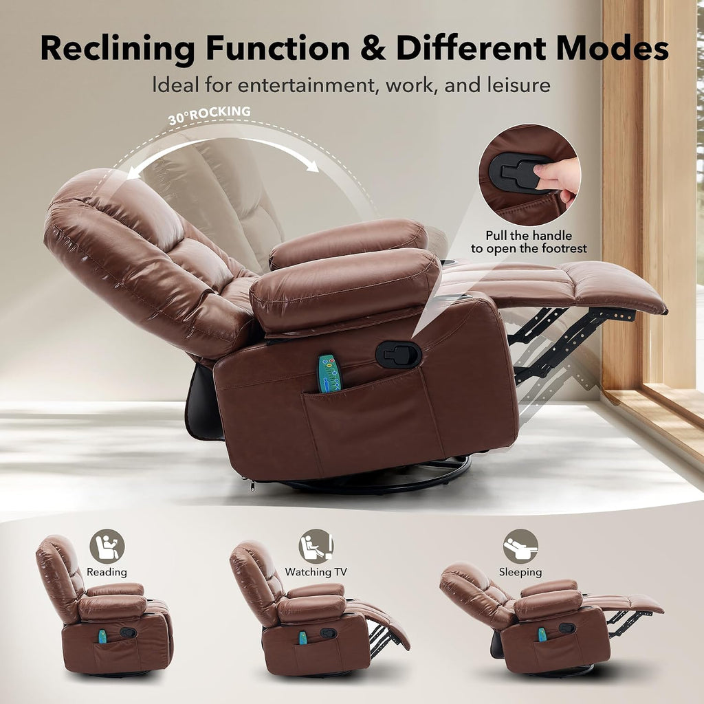Rocker Recliner Chair with Heat and Massage,Nursery Recliner 360° Swivel Oversized Chairs for Adults,PU Leathe Lazy Boy Single Sofa Seat with 3 Positions, Side Pockets,Cup Holders for Living Room