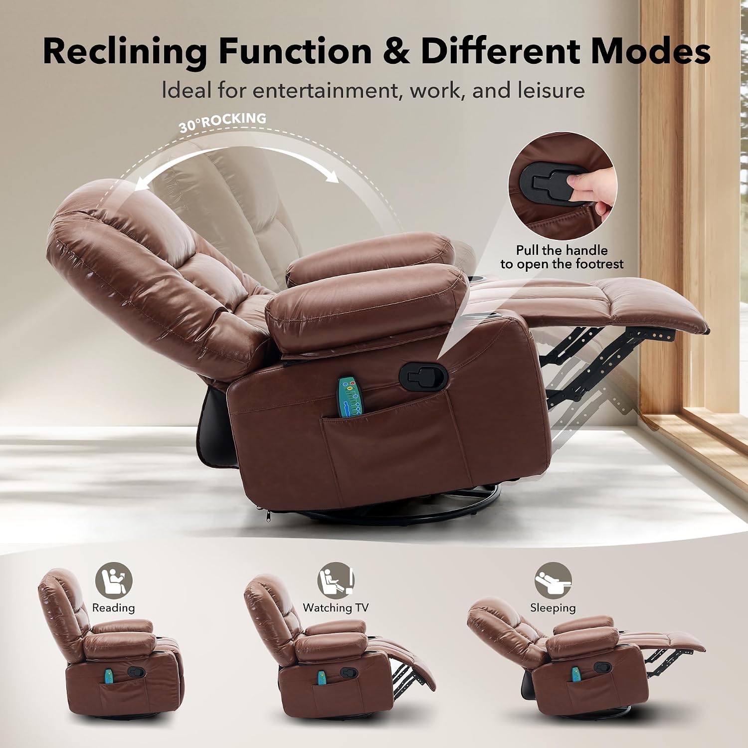 Rocker Recliner Chair with Heat and Massage,Nursery Recliner 360° Swivel Oversized Chairs for Adults,PU Leathe Lazy Boy Single Sofa Seat with 3 Positions, Side Pockets,Cup Holders for Living Room