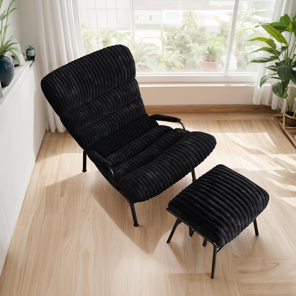 ovios Rocking Chair with Ottoman, Glider Recliner with Footrest, Lazy Accent Armchair with Comfy Cushion for Living Room Bedroom Office, Cloud Plush Corduroy, Black