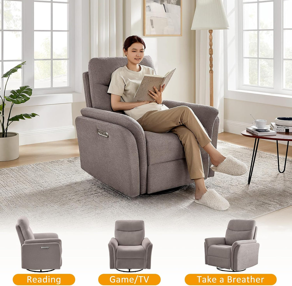 VANOMi Power Recliner Chair Swivel Glider, Electric Rocking Recliner Chairs with USB and Type-C Ports, Nursery Chair Recliner for Living Room, Bedroom, Apartment（Light Brown）