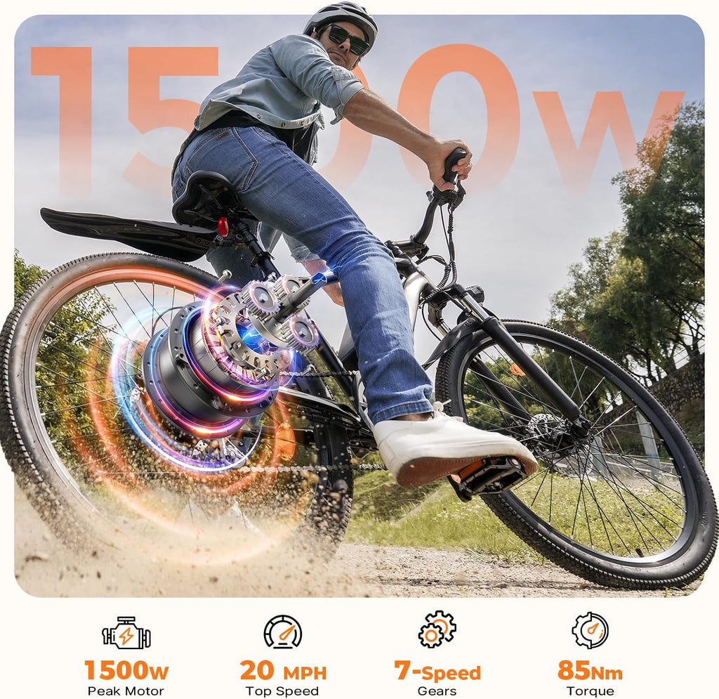 Electric Bike, 1500W/1000W/750W Peak Motor, 80/70/55 Miles Range & 20MPH Speed, 26'' Tires, APP Control E Bike, Shock Absorber, Adjustable Seat, Commuting Electric Bike for Adults