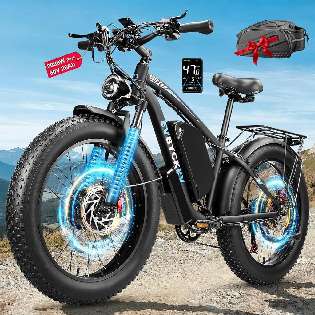 8000W Peak Electric Bike 60V 26Ah Dual Motor Ebike for Adults, 47MPH Up to 100Miles Fast Ebike, 24Inches Fat Tire E Bike,Lockable Suspension Mountain E-bike for Snow Hunting Off-Road Sand Commuter