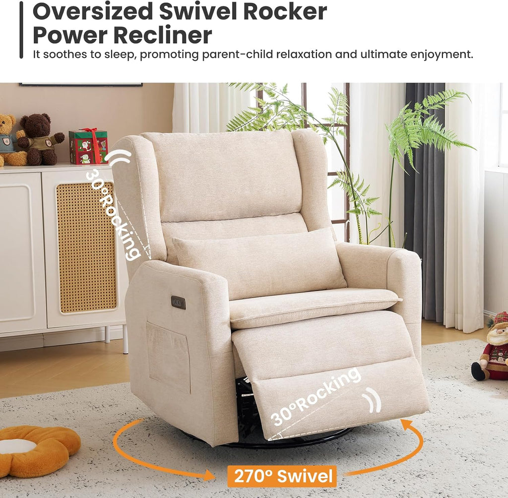 Oversized Swivel Rocker Recliner with Adjustable Headrest, 26' Extra Wide Glider Recliner Nursery Chair with Double Cushion, Chenille Glider Rocking Chair for Living Room,Cup Holder,Beige