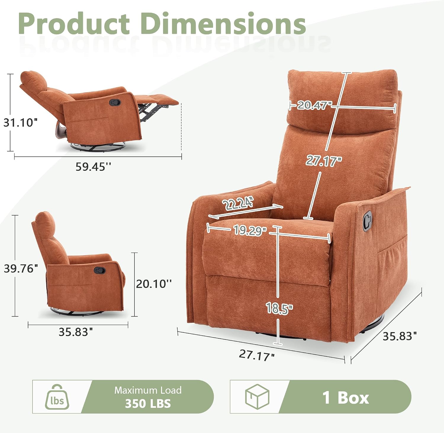 cinkehome Swivel Rocker Recliner Chair with Heated Massage, Rocking Reclining Chairs for Nursery, Small Spaces, High Back, Side Pocket