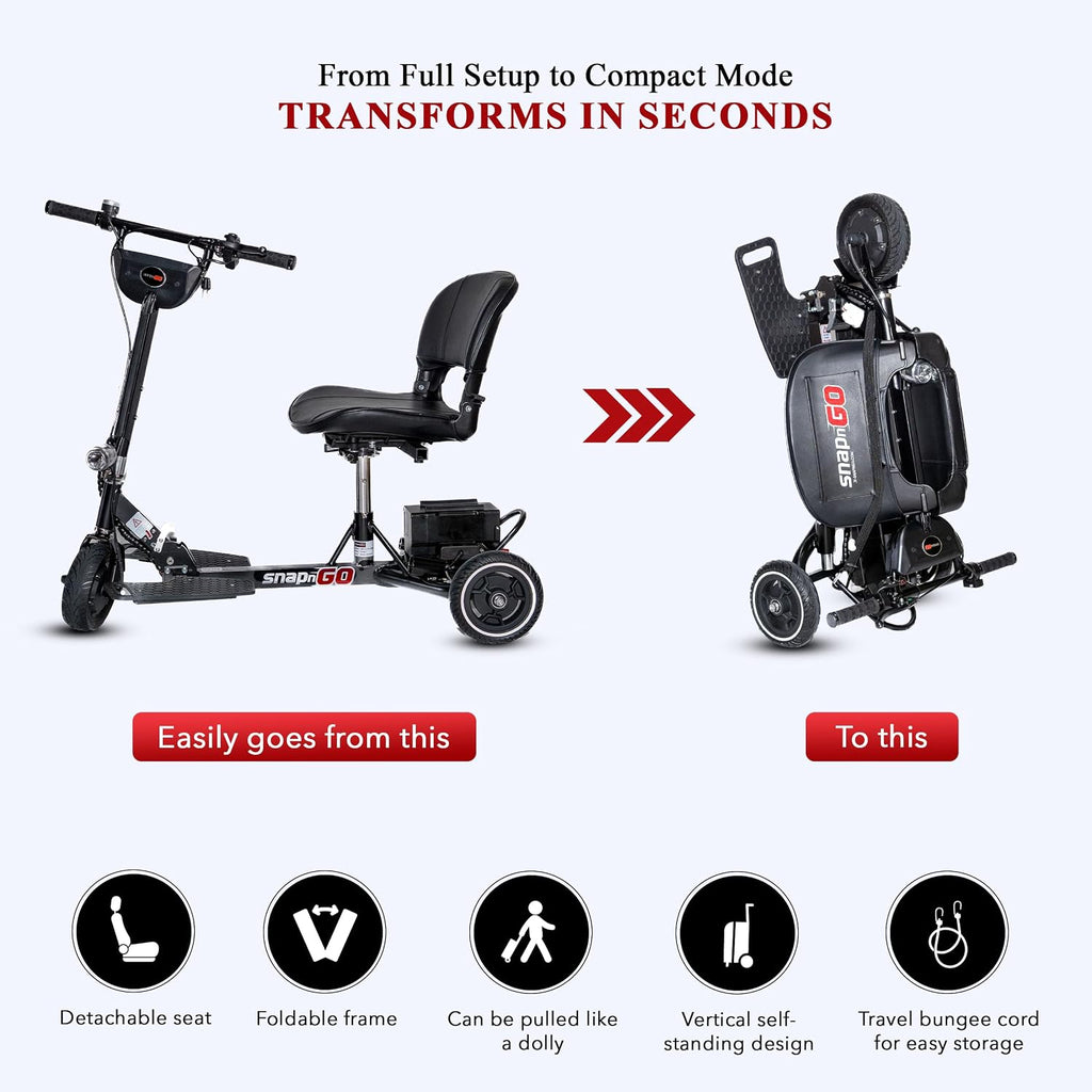 SNAPnGO Three Wheel Portable Mobility Scooter for Adults - Aircraft-Grade Aluminum, Top Speeds of 5 mph & 13-Mile Range - Folding & Foldable Scooter - Airline Approved Electric Sit Down Scooter