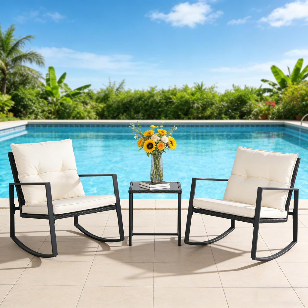 SUNCROWN 3 Piece Outdoor Rocking Bistro Set Black Wicker Furniture Porch Chairs Conversation Sets with Glass Coffee Table, Beige