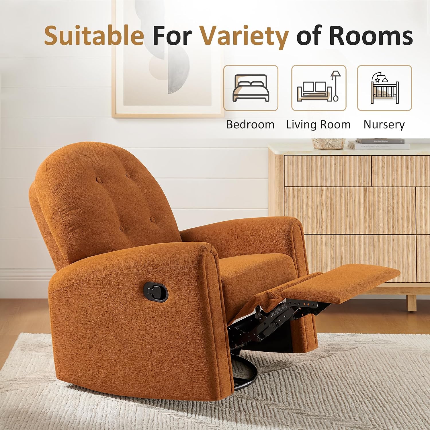 VANOMi 360 Swivel Rocker Recliner Chair, Nursery Rocking Chair with Tufted Backrest, Manual Recliner Chairs for Small Spaces, Upholstered Glider Nursing Chair for Living Room, Bedroom (Curry)