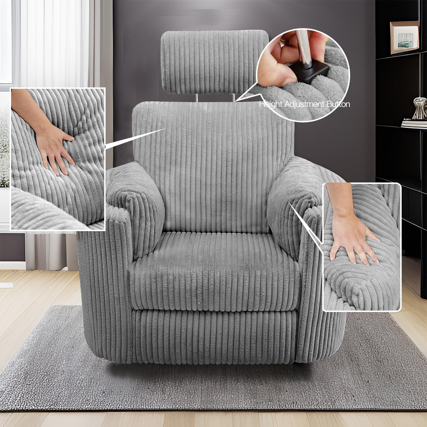 Zenosyne Power Swivel Recliner Rocking Chair Nursery Glider Rocker with Headrest, USB and Type-c Port, Corduroy Electric Reclining Sofa Chair Arm Chair for Living Room (Dark Gray)