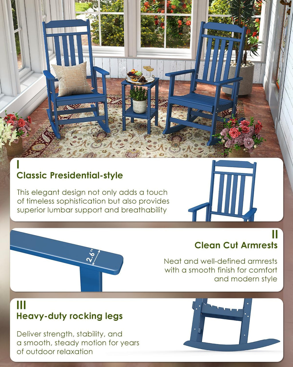 GREENVINES Outdoor-Rocking-Chairs-Set-of-2 | HDPE Plastic | Patio Rockers | Porch Rocker Chair | Oversized | High Back | Big & Tall | Blue