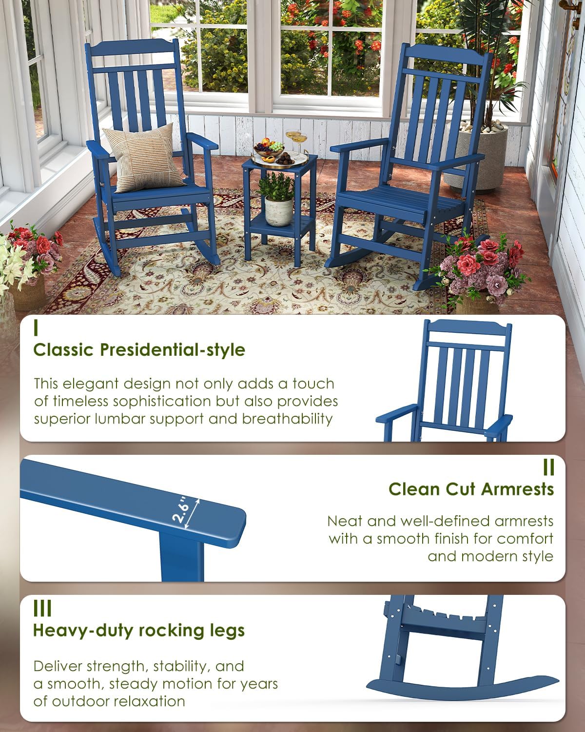 GREENVINES Outdoor-Rocking-Chairs-Set-of-2 | HDPE Plastic | Patio Rockers | Porch Rocker Chair | Oversized | High Back | Big & Tall | Blue
