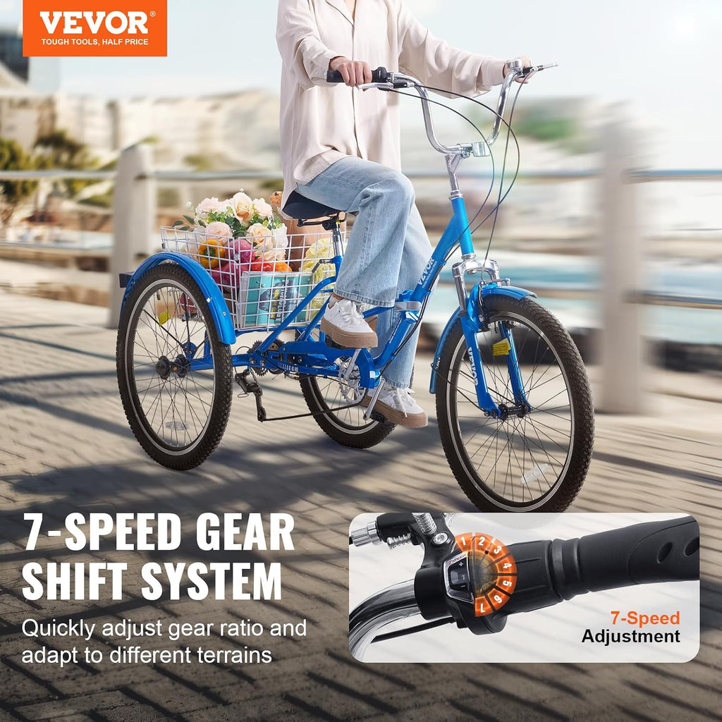 VEVOR Folding Adult Tricycle,Adult Folding Trikes, 3 Wheel Cruiser Bike with Large Basket & Adjustable Seat, Shopping Picnic Foldable Tricycles for Women, Men, Seniors