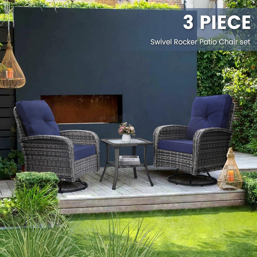 wildformers Luxury Outdoor Swivel Wicker Glider Patio Chairs with Table Set, Overstuffed Washable Cushions, Ideal for Porch, Balcony, Deck, Grey Rattan and Blue Cushion