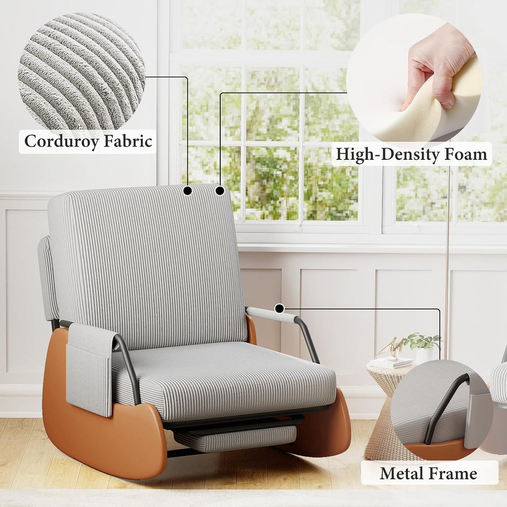 Furniliving Modern Glider Rocking Chair, Upholstered Nursery Glider Chair with Adjustable Recline & Retractable Footrest, Comfortable Lounge Chair for Mom Nursery Living Room Bedroom Grey