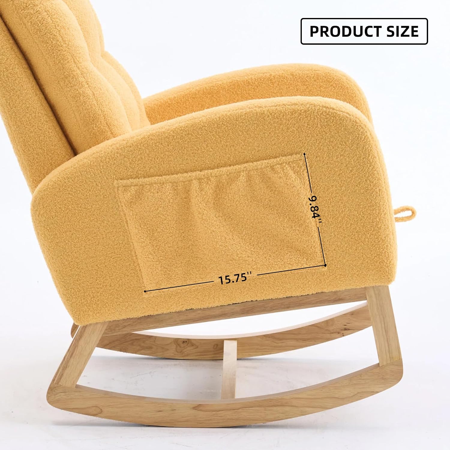 Nursery Rocking Chair Upholstered Accent Rocker Chair with Adjustable Footrest, Comfy Soft Rocker Glider Solid Rubber Wood Leg for Bedroom Living Room Nursing Room, Side Pocket, Yellow Classic