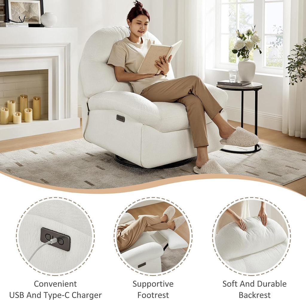 VANOMi Power Recliner Chair with USB & Type-C Charging, 270° Swivel Glider Rocker, Electric Nursery Recliner for Living Room, Bedroom, and Office, White