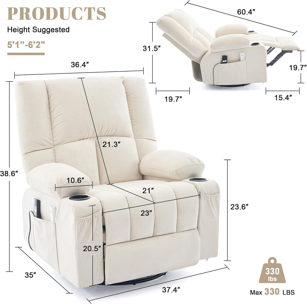 Oversized Recliner Chairs for Adults, Swivel Rocker Recliner with Heat and Massage Lazy Boy Recliner, Recliner Chairs Single Sofa Seat with Cup Holders (Beige, Electric)