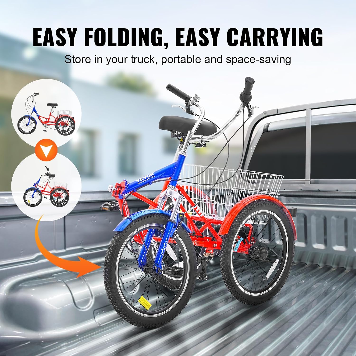 VEVOR Folding Adult Tricycle,Adult Folding Trikes, 3 Wheel Cruiser Bike with Large Basket & Adjustable Seat, Shopping Picnic Foldable Tricycles for Women, Men, Seniors