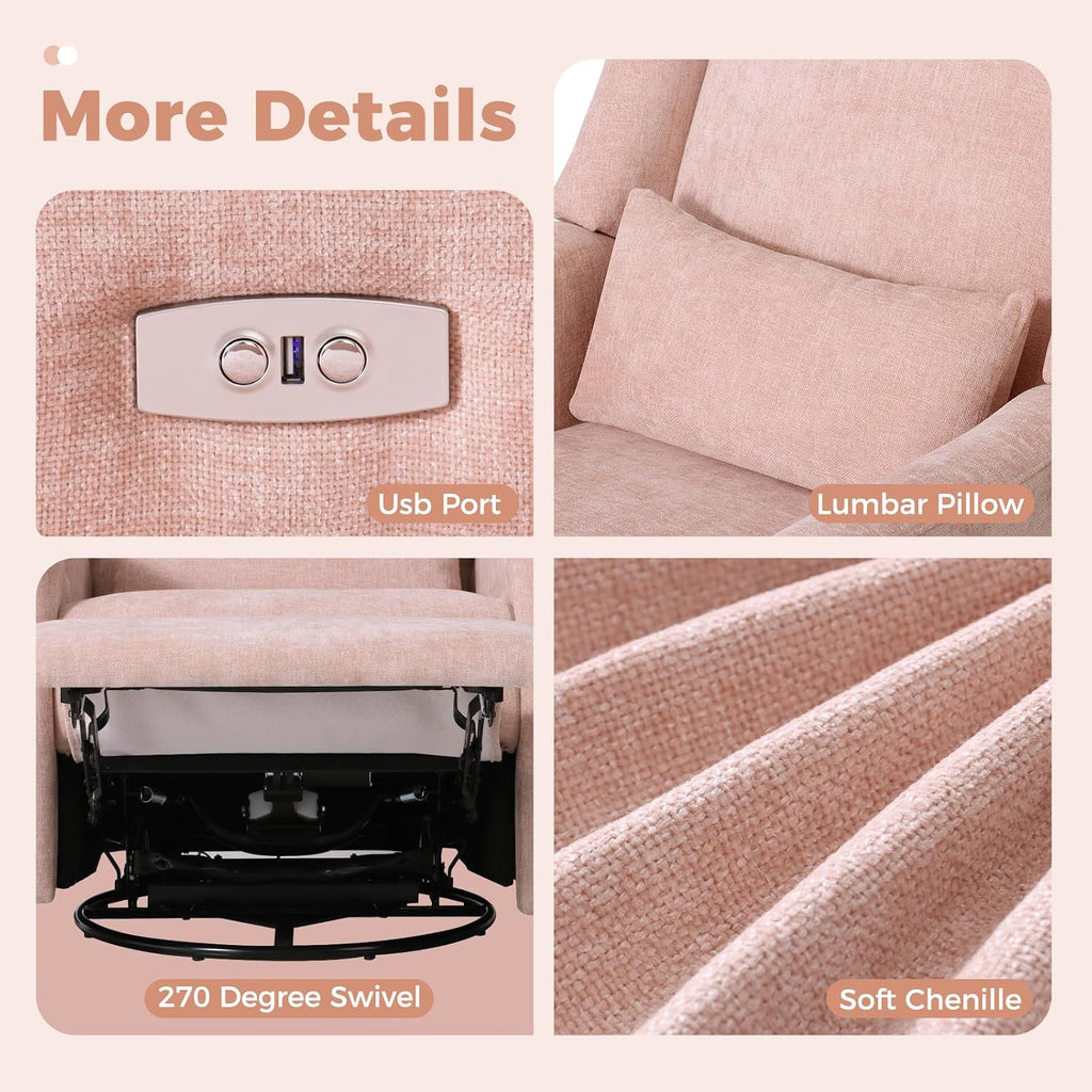 Power Glider Recliner Nursery Chair w/USB Ports, Soft Chenille Glider Rocking Chair for Nursery, Swivel Glider Chair with Lumbar Pillow for Living Room, Pink