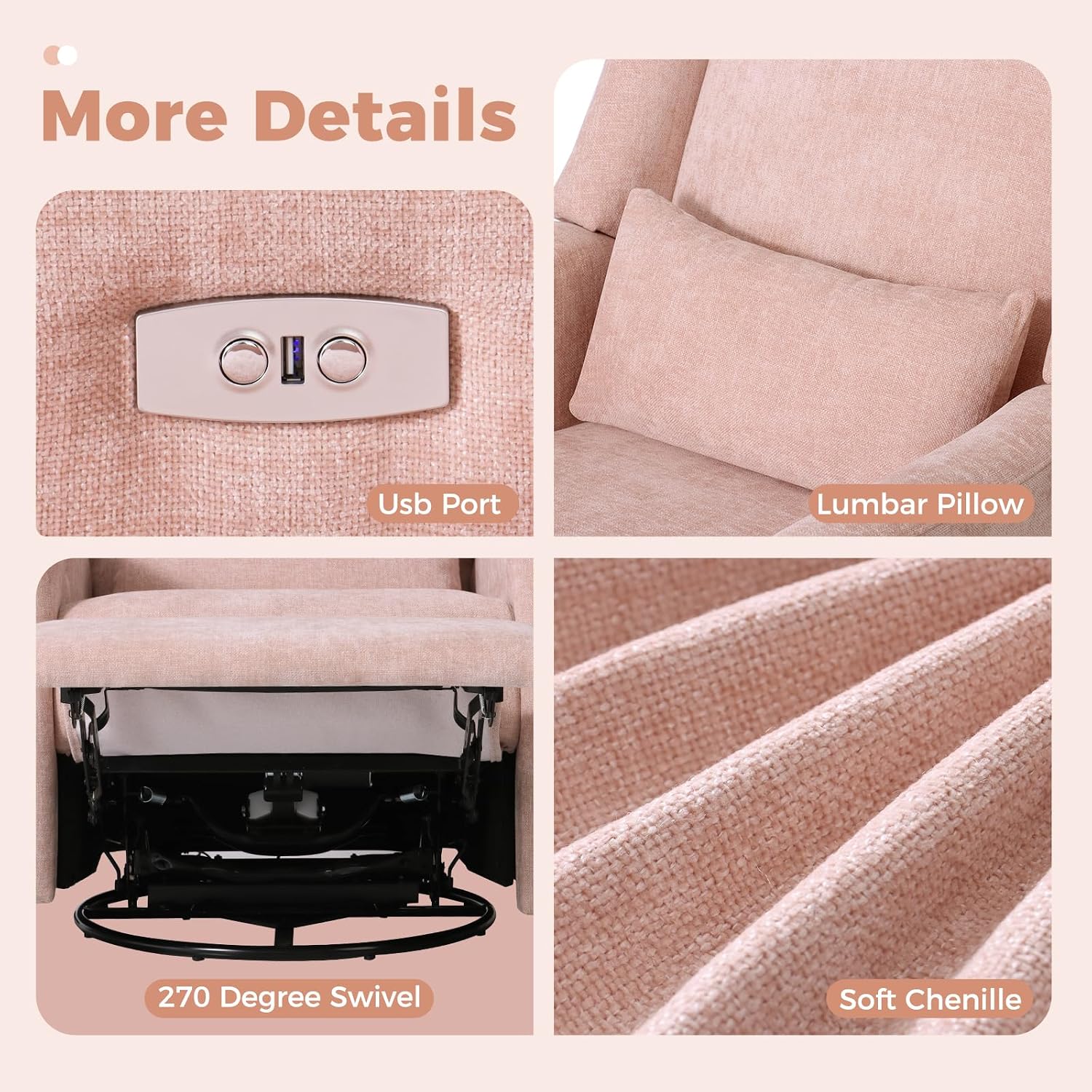 Power Glider Recliner Nursery Chair w/USB Ports, Soft Chenille Glider Rocking Chair for Nursery, Swivel Glider Chair with Lumbar Pillow for Living Room, Pink