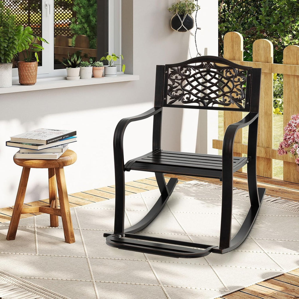 Giantex Patio Rocking Chair, Outdoor Cast Aluminum Rocker w/Footrest, Backrest & Curved Armrests, Heavy-Duty Metal Classic Rocking Leisure Seat for Backyard, Poolside, Balcony (Antique Brown,1)