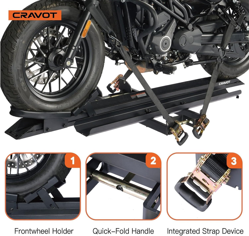 CRAVOT Motorack M1 Motorcycle Hitch Carrier with Ramp, 350 lbs Capacity Dirt Bike Carrier, Foldable Hauler Hitch Mount Rack Anti-Rattle Up to 4-inch Fat Tire 2' Receiver