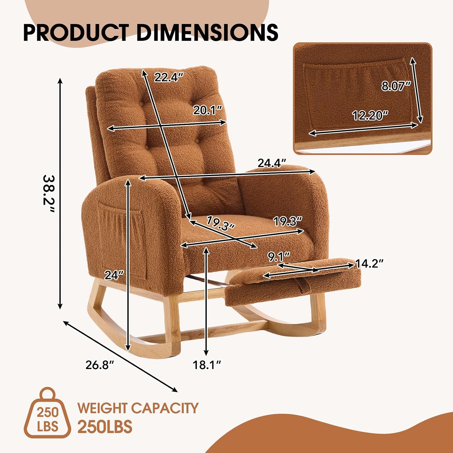 NIOIIKIT Rocking Chair Nursery, Teddy Upholstered Glider Chair with Footstool, Tufted Rocker Recliner Chair with Side Pocket, Comfy Glider Accent Chair for Living Room (Brown Teddy)