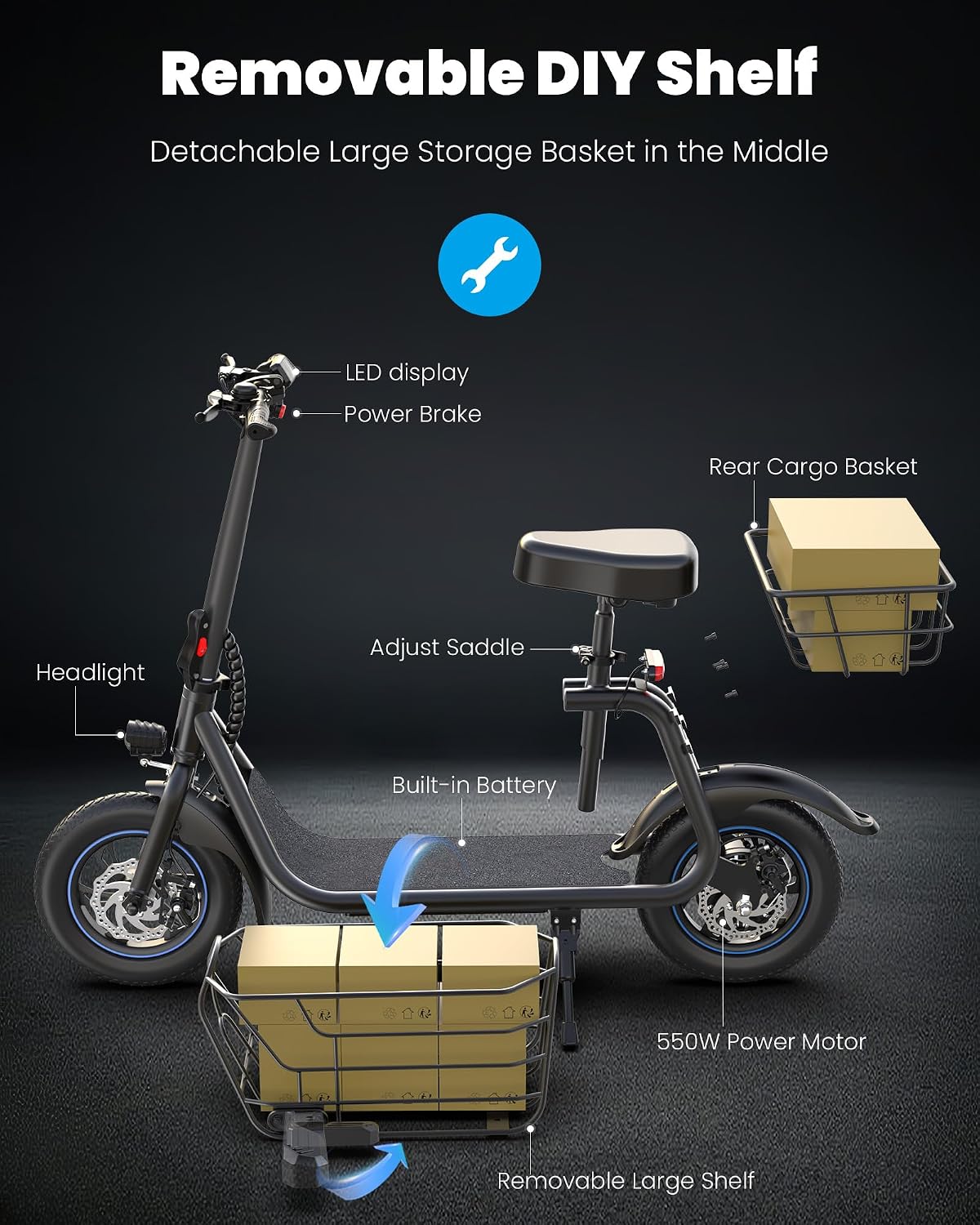 Gyroshoes C1S Electric Scooter for Adults with Seat & Large Basket, 550W Motor, 20 Mile Range, 19MPH, Foldable E-Scooter for Commuting, Pets Dog, Grocery Shopping