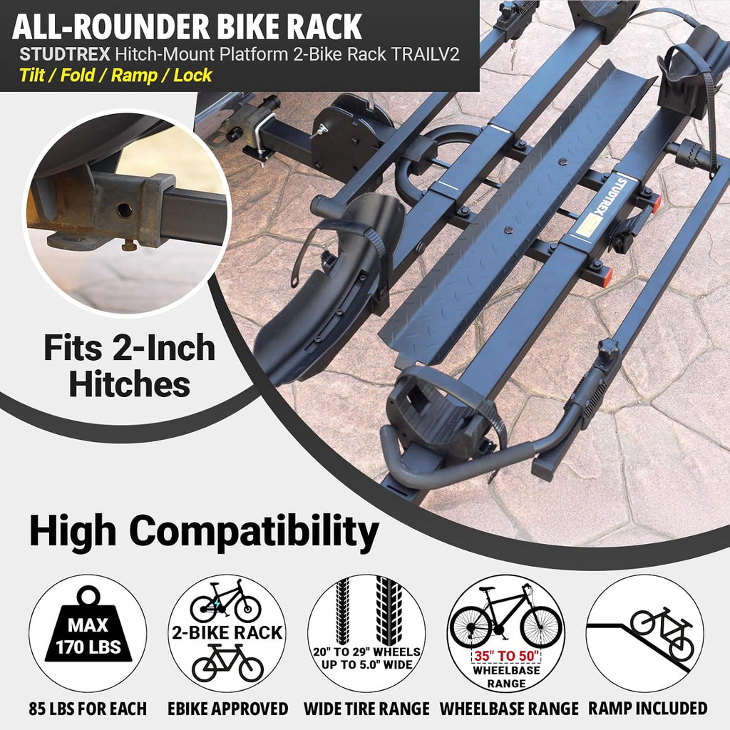 TRAILV2 Hitch Mount 2-Bike Rack with Bike Ramp - Tilt, Fold, Anti-Theft Hitch & Wheel Lock, 170lbs Capacity, 2-Inch Receiver, Up to 5.0' Fat Tire, Electric Bike Rack for Car, SUV, RV, Truck