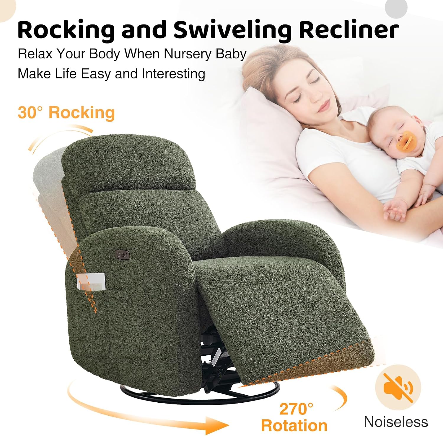 Power Nursery Glider Recliner, Boucle Swivel Rock Recliner with USB & Type-C, Nursery Rocking Chair Recliner with Double Pockets and Lumbar Support for Adult, Teddy Green