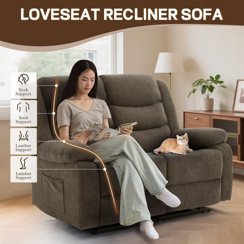 Korser Loveseat Recliner Sofa for RV Furniture and Theater Seating, Wall Hugger Loveseat Recliner, Oversized Loveseats Couch with Front Porckets&Side Pockets, Fabric, Brown