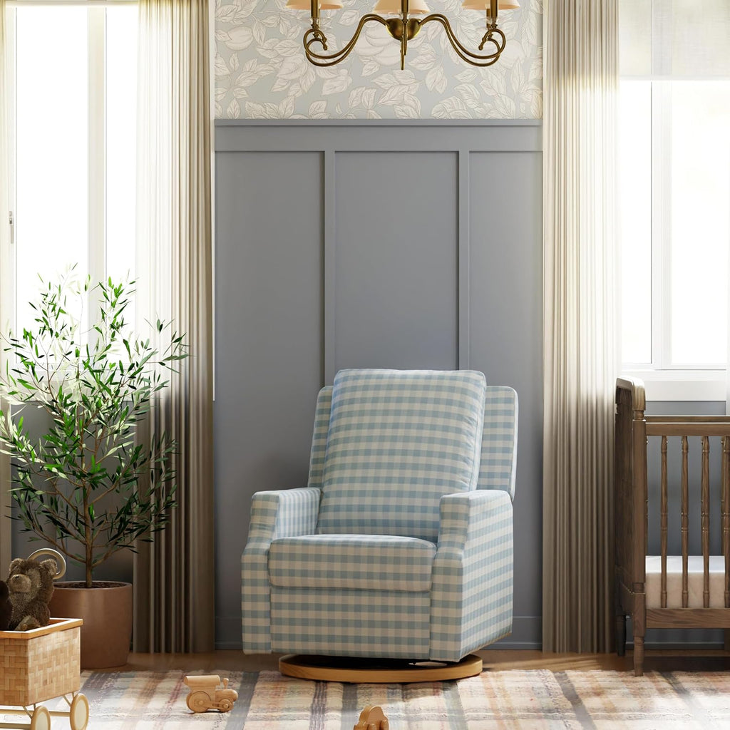 Namesake Crewe Glider Recliner Nursery Chair - GREENGUARD Gold & Certi-PUR US Certified Rocker Recliner - Glider Rocking Chair for Nursery & Living Room - Electronic, 270° Swivel, Blue Gingham