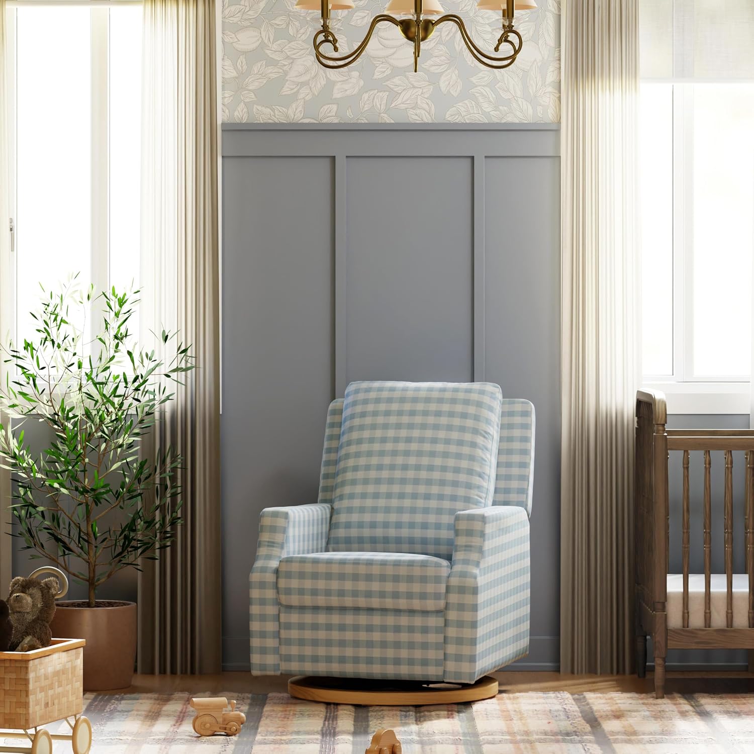 Namesake Crewe Glider Recliner Nursery Chair - GREENGUARD Gold & Certi-PUR US Certified Rocker Recliner - Glider Rocking Chair for Nursery & Living Room - Electronic, 270° Swivel, Blue Gingham