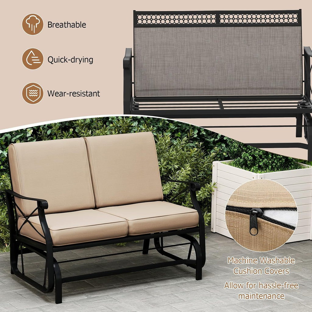 Giantex 2-Person Outdoor Glider, Rocking Chair Loveseat with Detachable Thick Cushions, Metal Frame, 660Lbs Capacity, Outside Swing Chair, Loveseat, Patio Glider Bench for Porch, Garden, Yard (Brown)