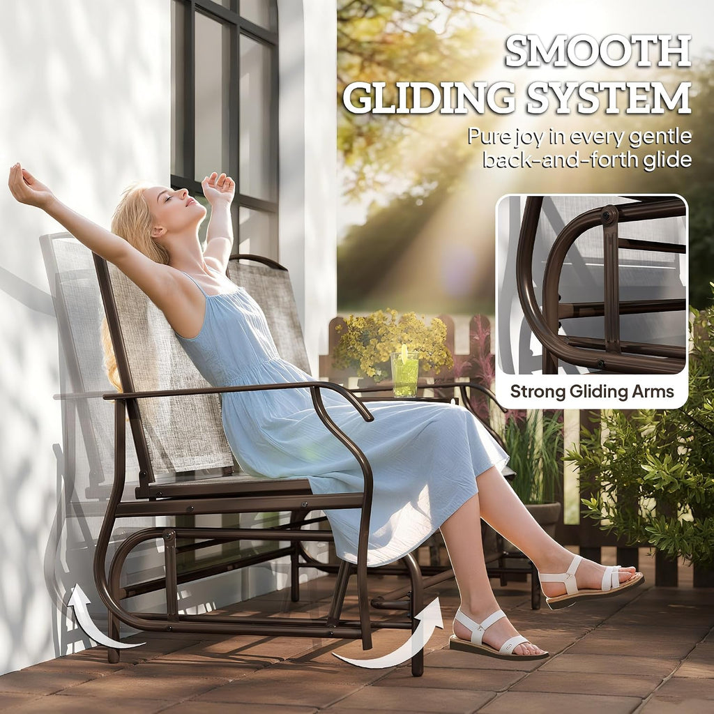 Outsunny Outdoor Glider Bench with Center Table, Metal Frame Patio Loveseat with Breathable Mesh Fabric and Armrests for Backyard Garden Porch, Brown