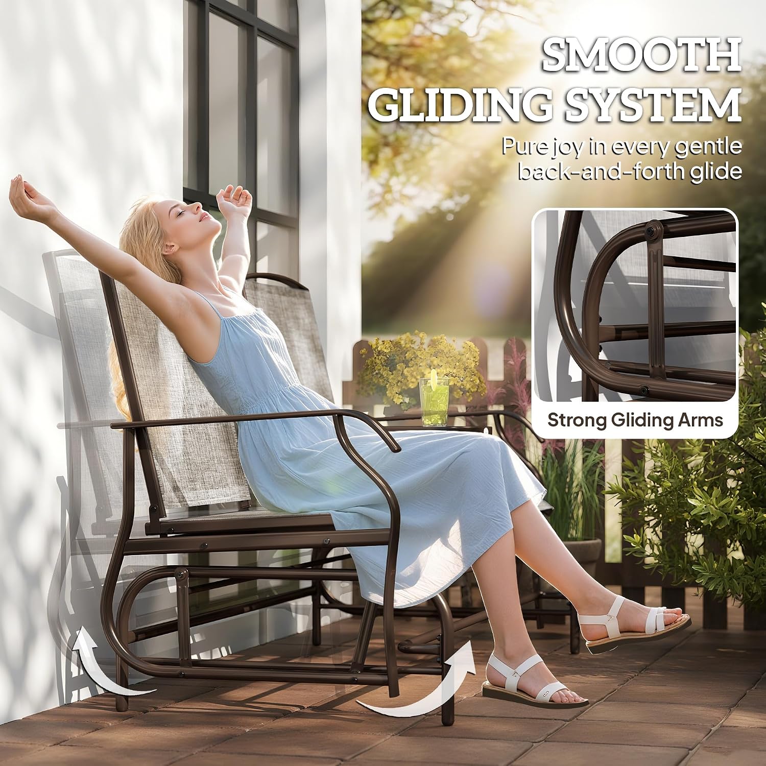 Outsunny Outdoor Glider Bench with Center Table, Metal Frame Patio Loveseat with Breathable Mesh Fabric and Armrests for Backyard Garden Porch, Brown