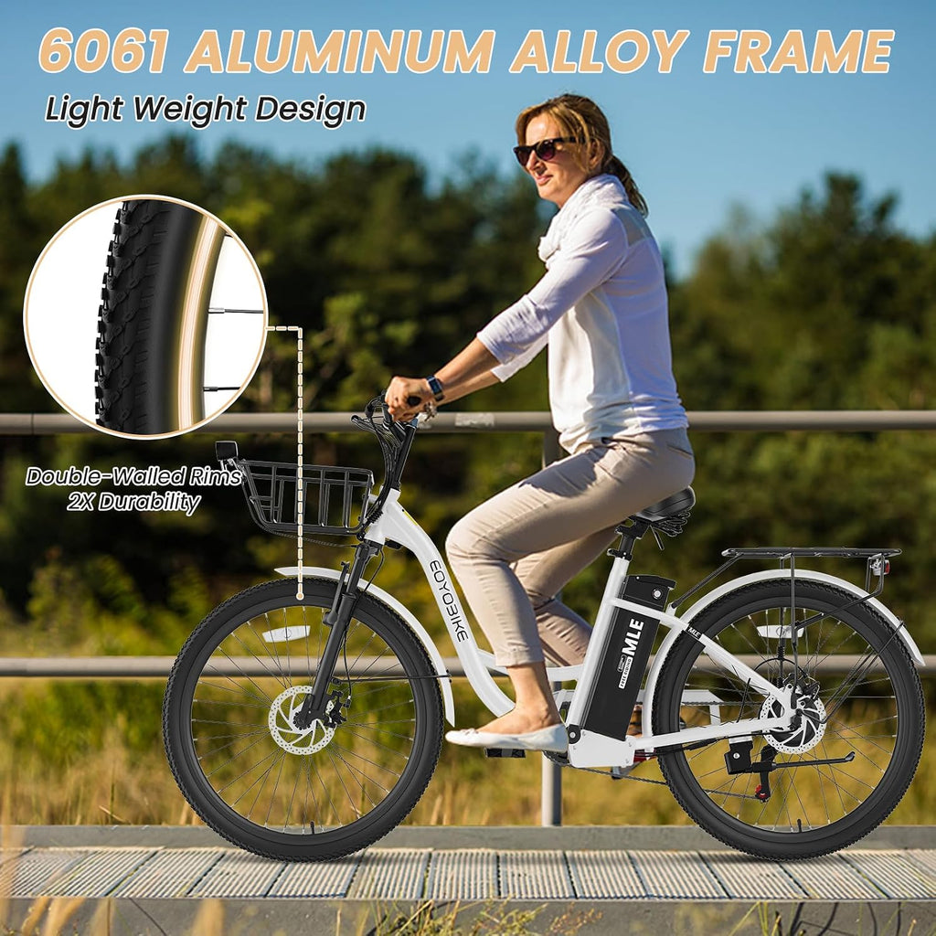 MOONCOOL Electric Bike for Adults, 700W Peak Power 7 Speed Step Through Electric Cruiser Bike, 40 Miles Electric Bicycle with 36V 10.4Ah Battery, Aluminum Frame City Commuter E Bikes for Women, Men