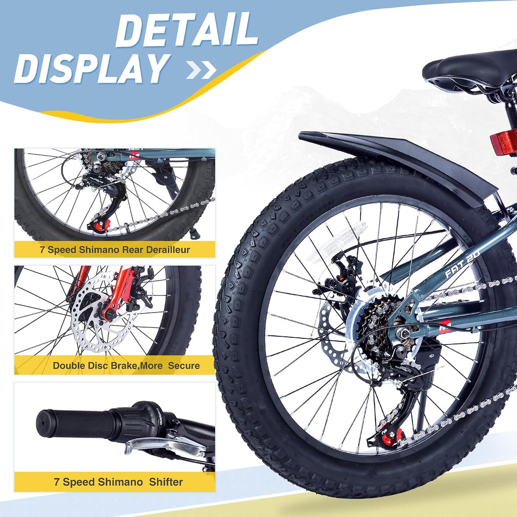 Mountain Bike 20/24 Inch, 3' Wide Fat Tire Snow Mountain Bikes, 7 Speeds Kids Teen Student Bicycles,Steel Frame Disc Brake，3 Colors
