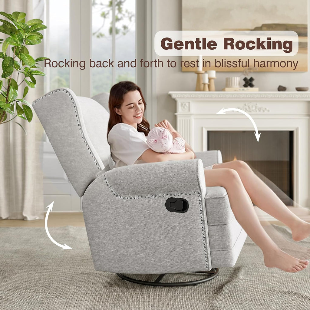 May in Color Swivel Recliner Chair with Extra Large Footrest, Comfy Upholstered Glider Rocking Chair for Living Room, Bedroom and Ofice, Grey