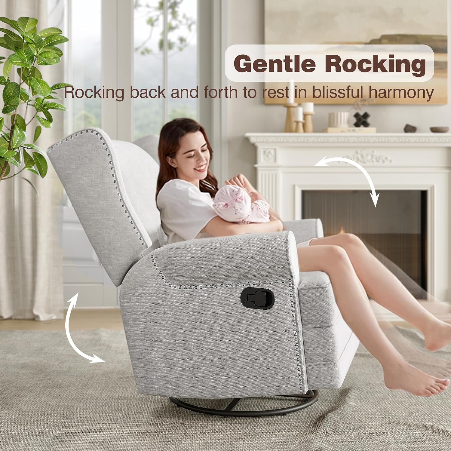 May in Color Swivel Recliner Chair with Extra Large Footrest, Comfy Upholstered Glider Rocking Chair for Living Room, Bedroom and Ofice, Grey