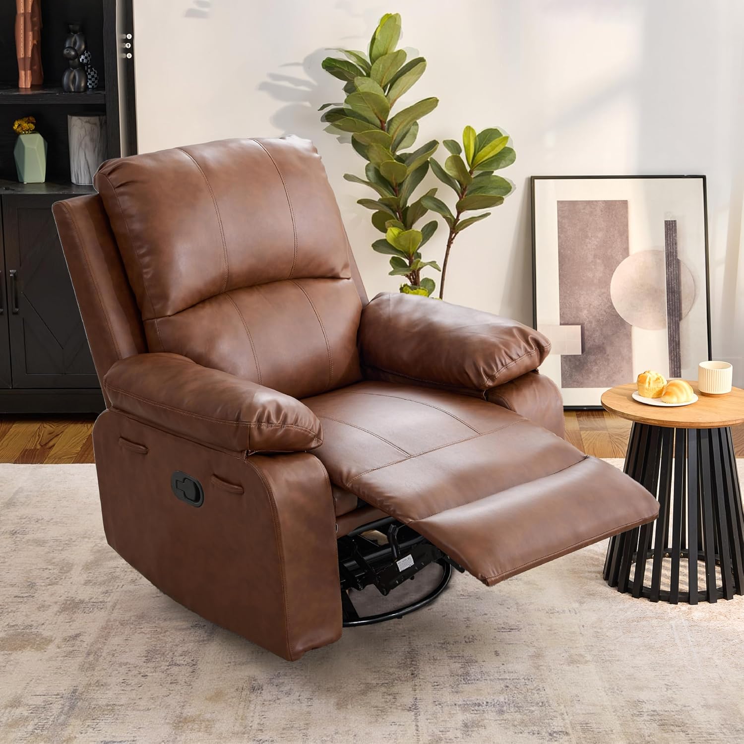 360° Swivel Rocking Leather Recliner Chair for Adults, Overstuffed Manual Recliner with Spring Cushion, Glider Rocking Nursery Single Sofa with Side Pockets for Living Room, Camel