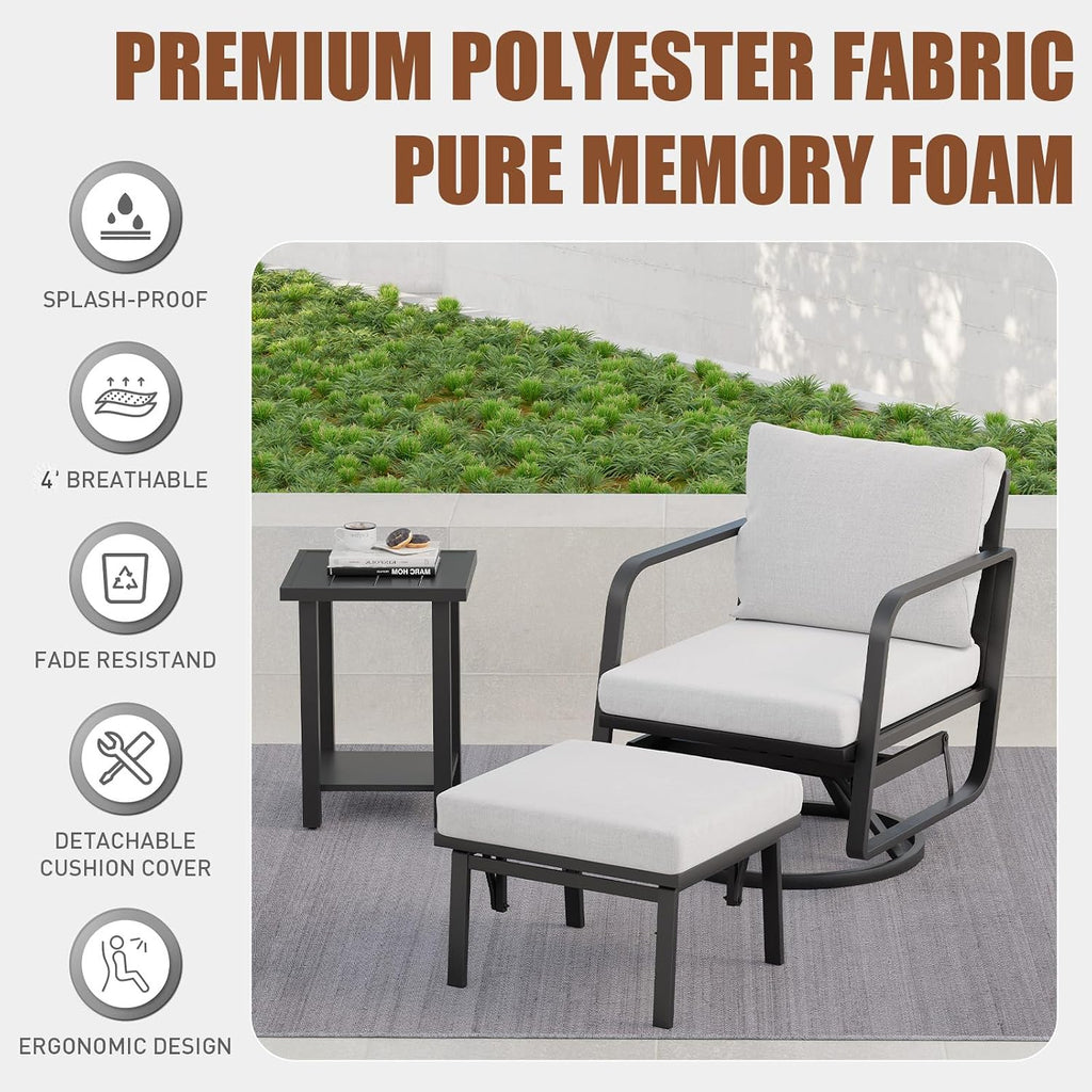 Patio Glider Swivel Rocker Sets: 4Pieces Aluminum Alloy Ensemble with 360° Swivel Rocking Glider Chairs, Rust-Resistant Frame Cushions -Perfect for Decoration (1 Glider chair& 1 Ottoman+1Table)
