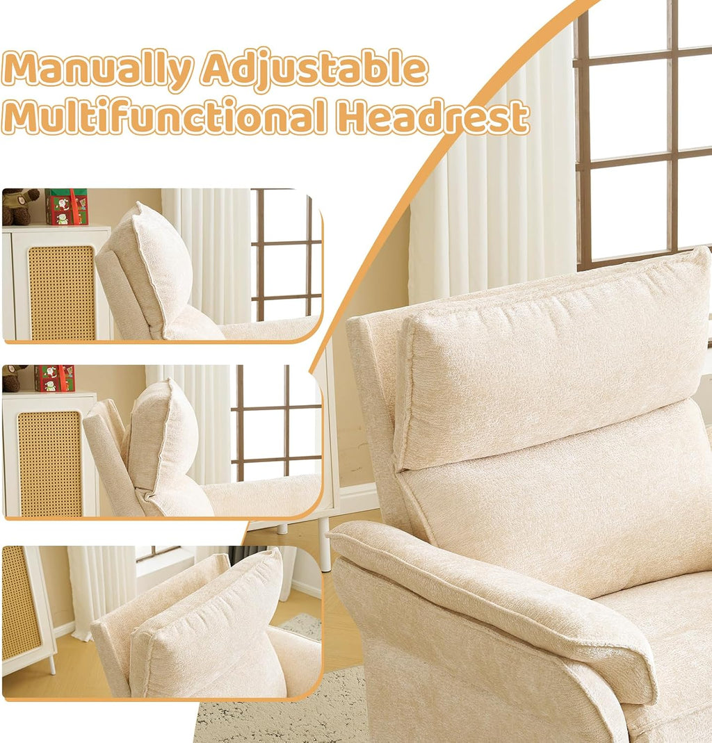 Oversized Swivel Rocker Recliner with Adjustable Headrest, Rocking Chair Nursery with Overstuffed Armrest, Manual Rocker Recliner Nursery Chair for Living Room,Beige