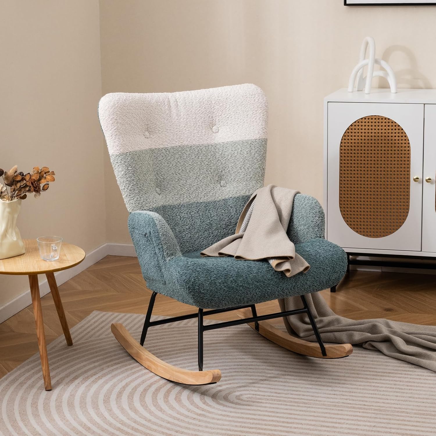 Moccha Nursery Rocking Chair, Teddy Upholstered Glider Rocker with High Backrest, Rubber Wood Legs & Side Pocket, Comfy Armchair Side Chair for Living Room Bedroom (1, Striped Green)