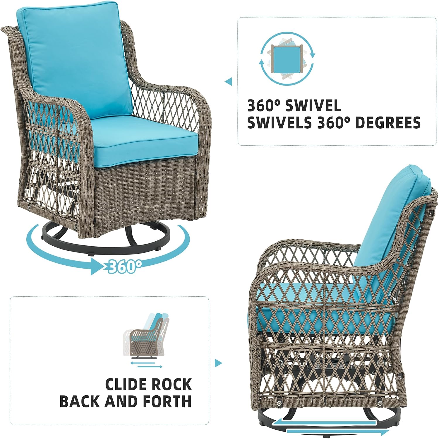 GAOMON 3 Pieces Outdoor Swivel Rocker Chair Set of 2 with Small Side Table, 360-Degree Swivel Rocking Chair, Outdoor Rocking Chair Set for Patio Porch Pool (Gray Wicker/Light Blue Cushion)